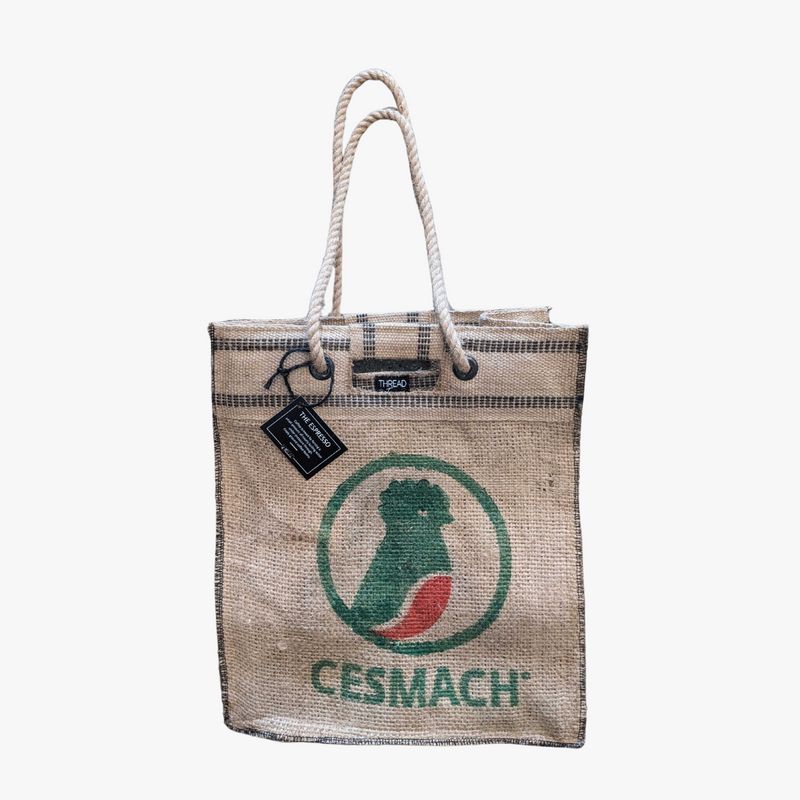 Jute tote bag with coffee roaster sign and rope handles